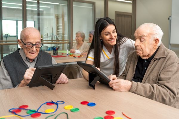 Cuidadora y ancianos en un taller psicológico