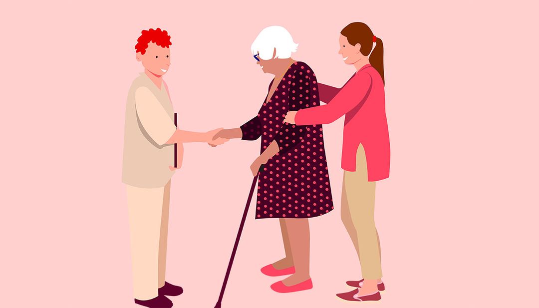 Dessin représentant une personne âgée, accompagnée de sa fille. Elle sert la main d'un salarié de la maison de retraite