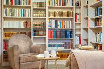 Coin cocooning repos pour lecture, librairie avec livres et fauteil duvet détente