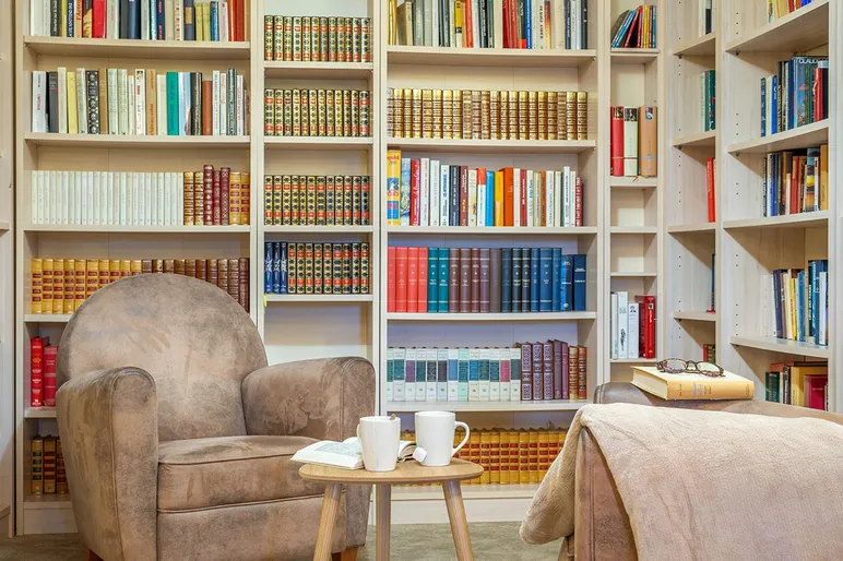 Coin cocooning repos pour lecture, librairie avec livres et fauteil duvet détente