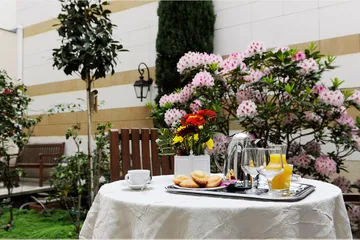 Cour intérieur jardin salon jardin pour gouter thé, domusvi maison retraite Paris tiers temps petit déjeuner