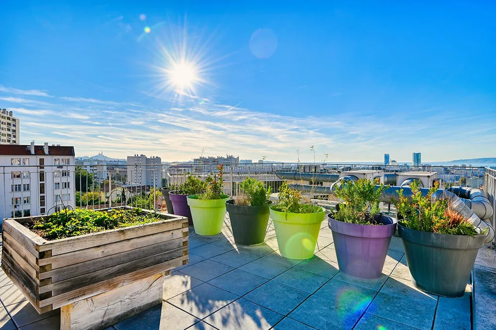 Terrasse oit en maison de retraite et pots de fleurs et plantes vue sur Marseille, Résidence Horizon Bleu