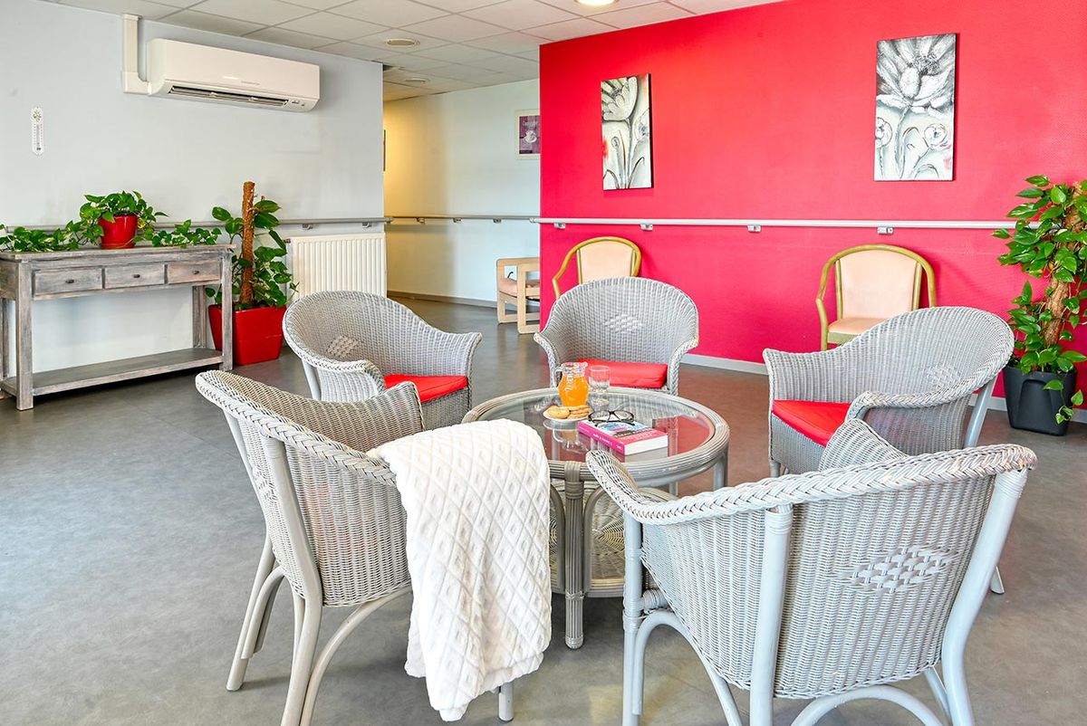 Salon cllmatisé thème rouge et gris, fauteuil rotin gris, Maison de retraite Lubéron à Sainte-Tulle et belle luminosité