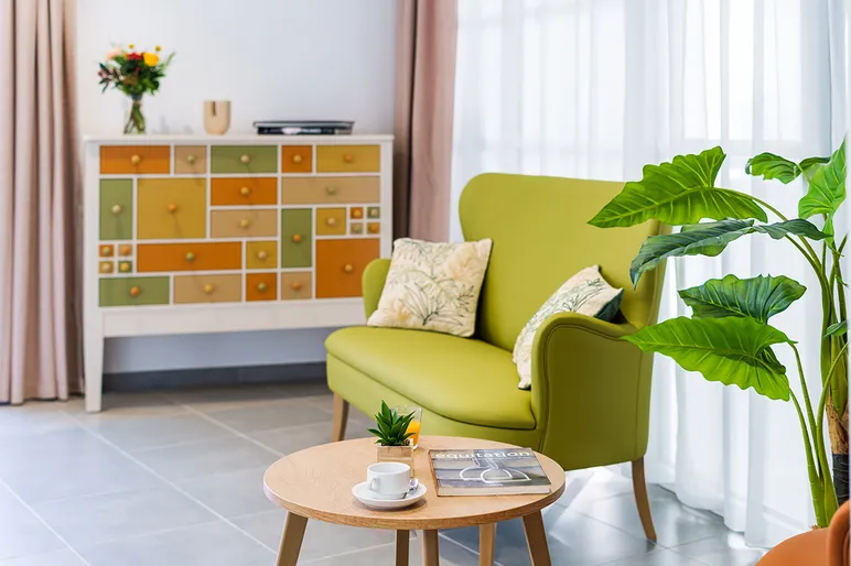Salle d'acceuil maison retraite Le Blanc Galet à Eguilles plante et fauteil vert avec coussin et magazine