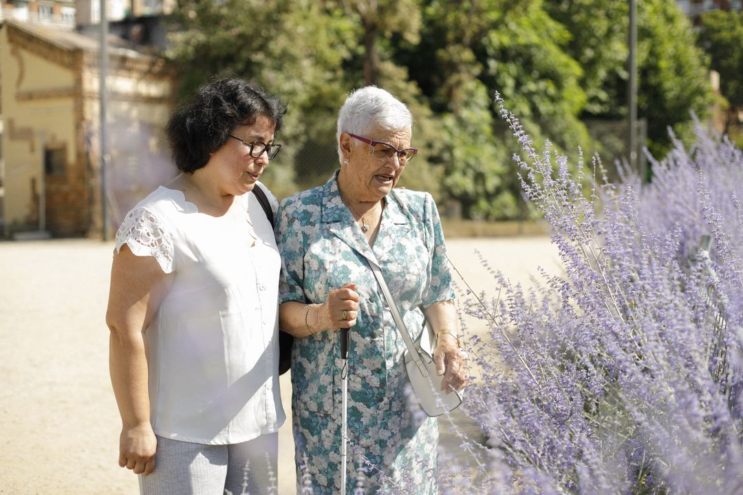 paseo por los exteriores persona mayor con familiar