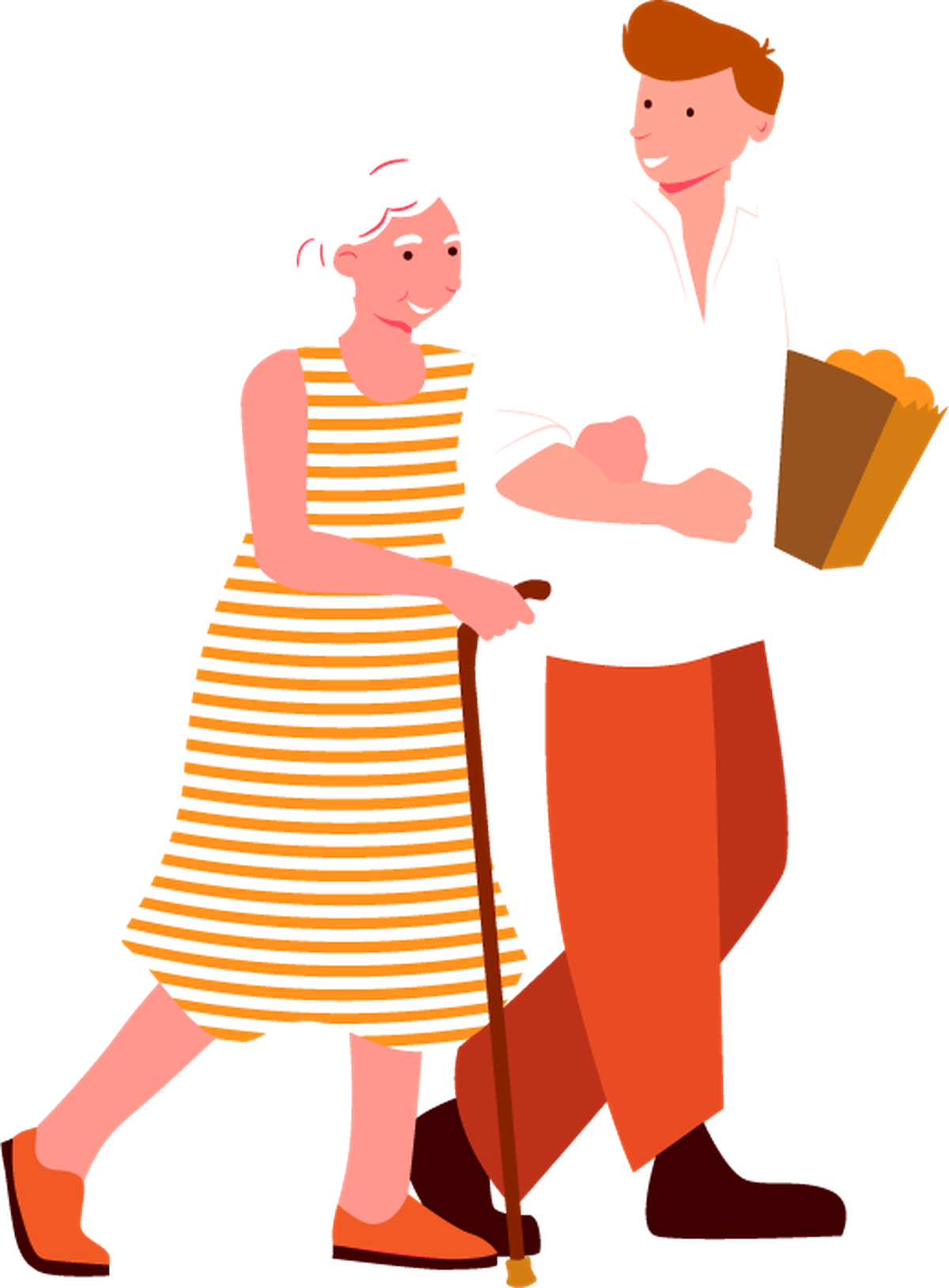 femme âgée marche accompagnée par un jeune homme