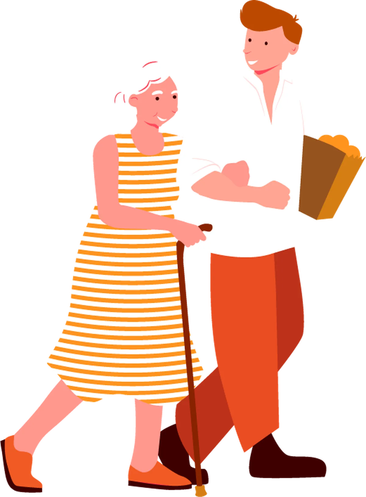 femme âgée marche accompagnée par un jeune homme