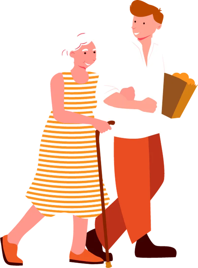femme âgée marche accompagnée par un jeune homme
