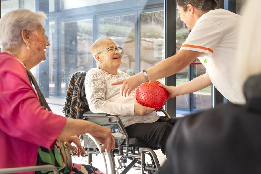 Actividad con pelota de cuidadores y ancianos