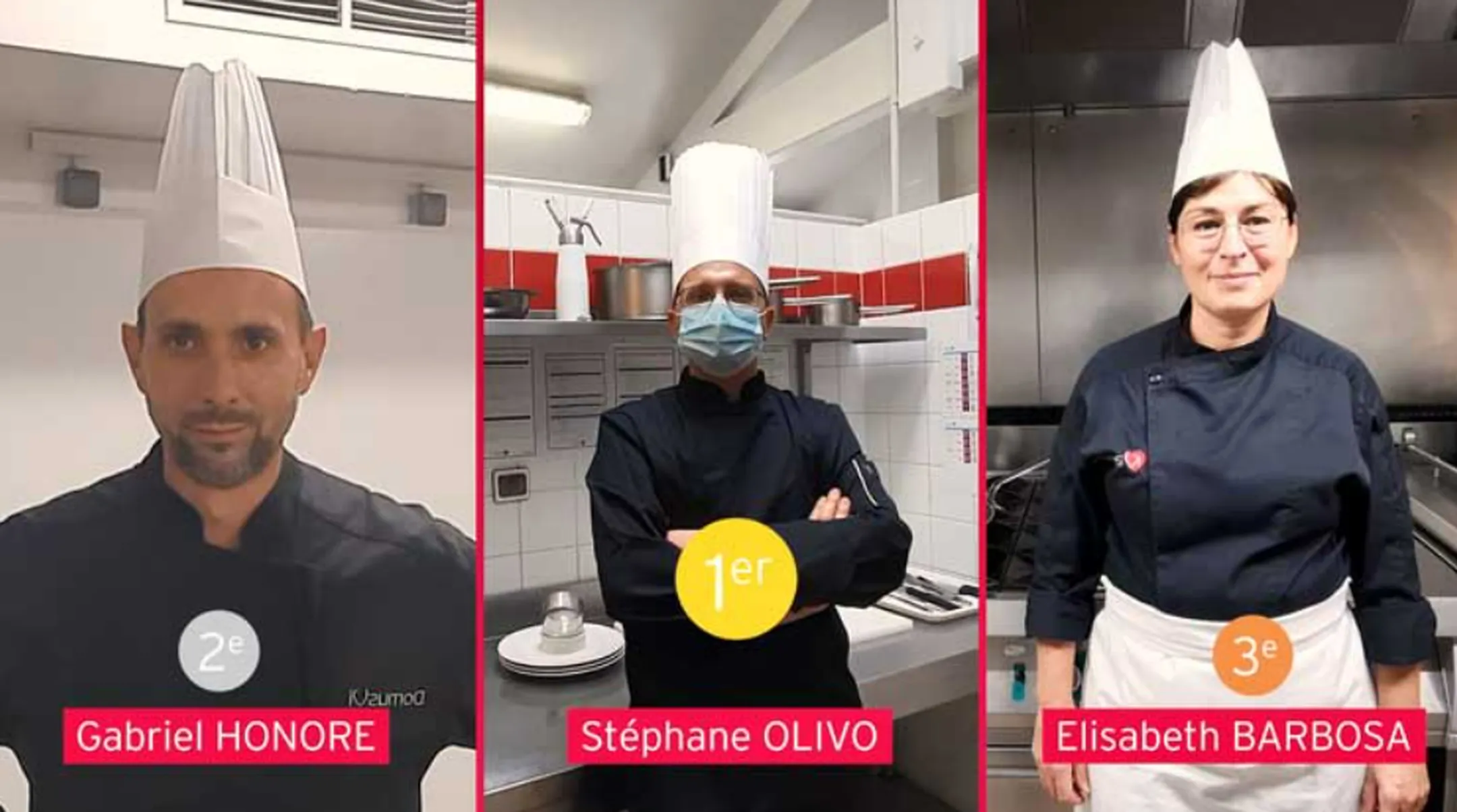 Chef cuisine classement cocnours domusvi, deux hommes une femme avec toques chefs