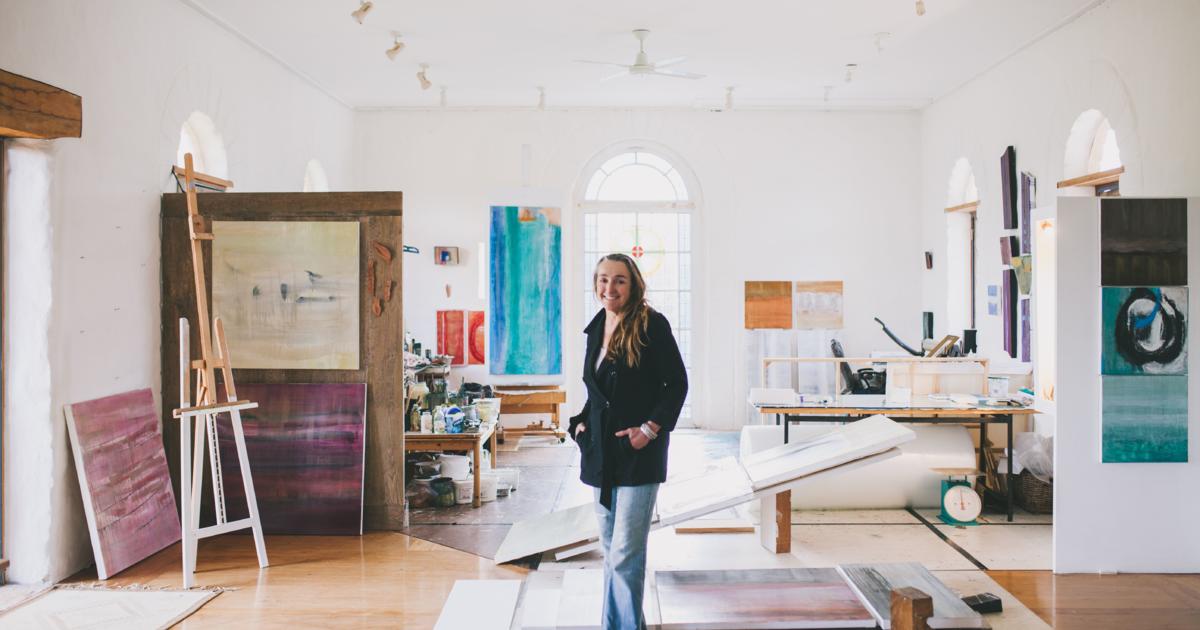 Gabriella Lewenze standing in her art studio on Waiheke Island