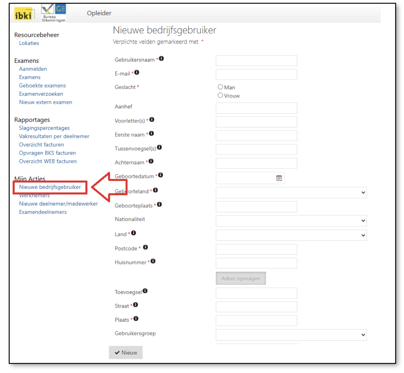 Mijn IBKI screenshot bedrijfsgebruikers stappenplan screenshot 01 Screenshot van een MijnIBKI menu met bedrijfsgebruikers opleider uitgelicht