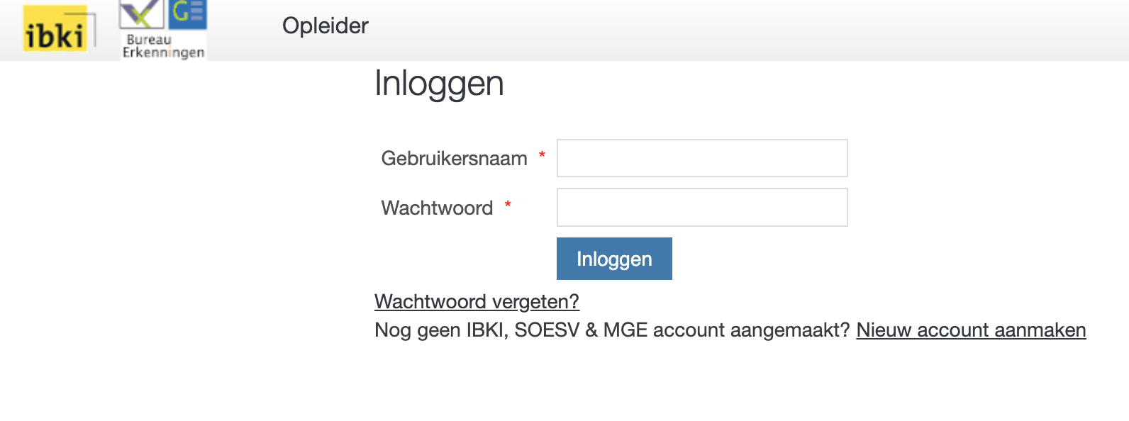 Screenshot van de Mijn IBKI opleider portal inlogpagina