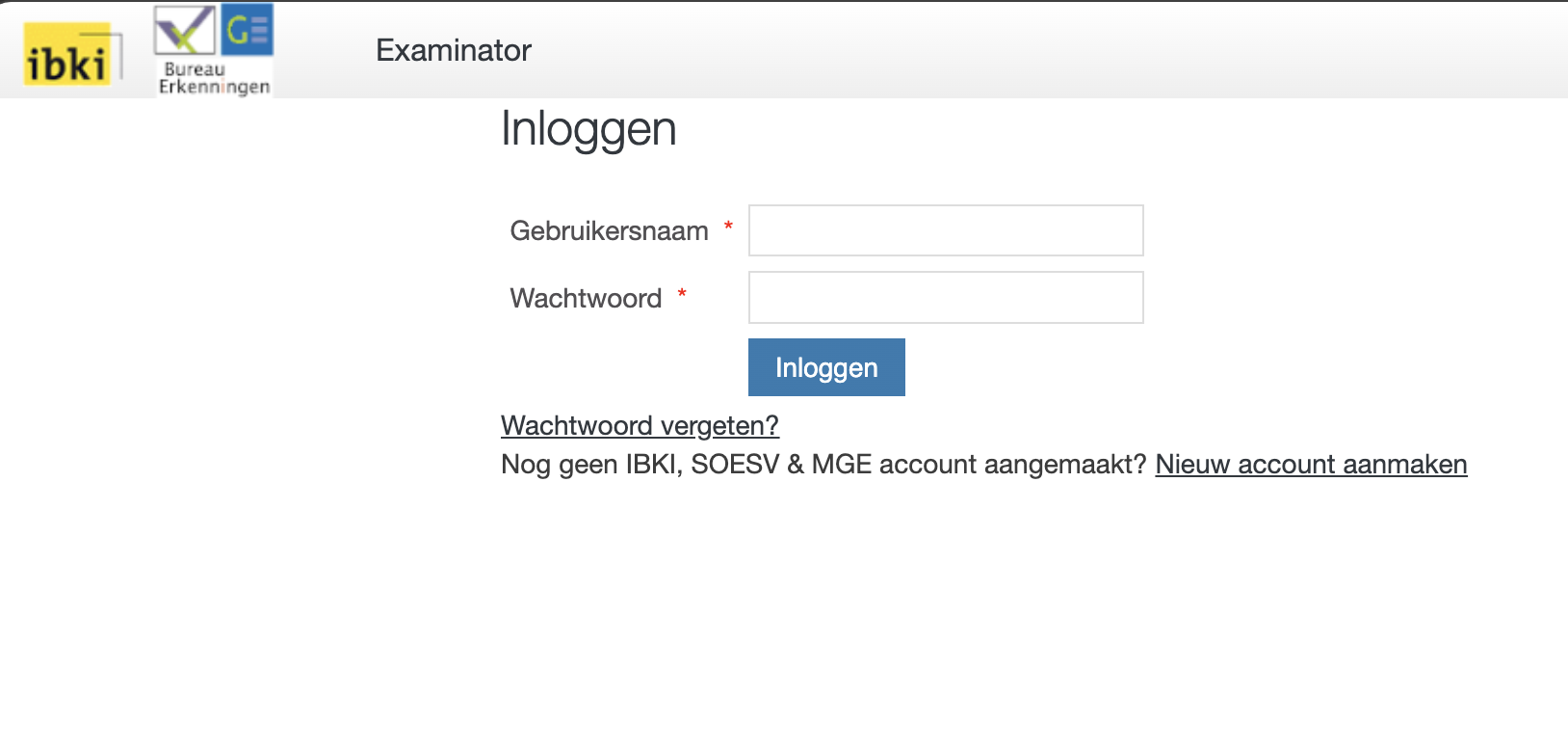 Screenshot van de Mijn IBKI examinator portal inlogpagina