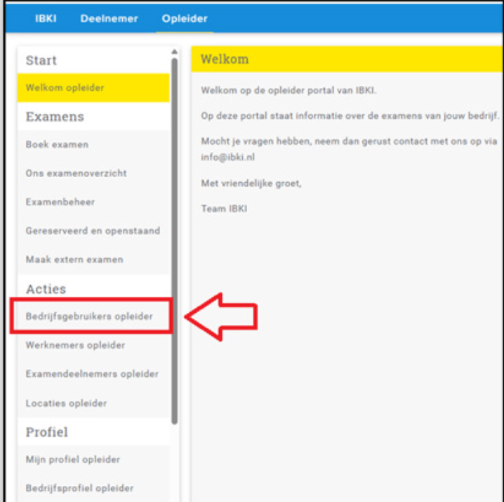 Screenshot van een MijnIBKI menu met bedrijfsgebruikers opleider uitgelicht