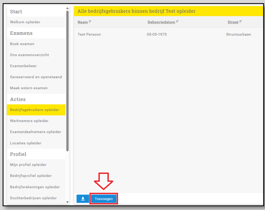 Screenshot van een MijnIBKI menu in het bedrijfsgebruikers submenu met toevoegen uitgelicht