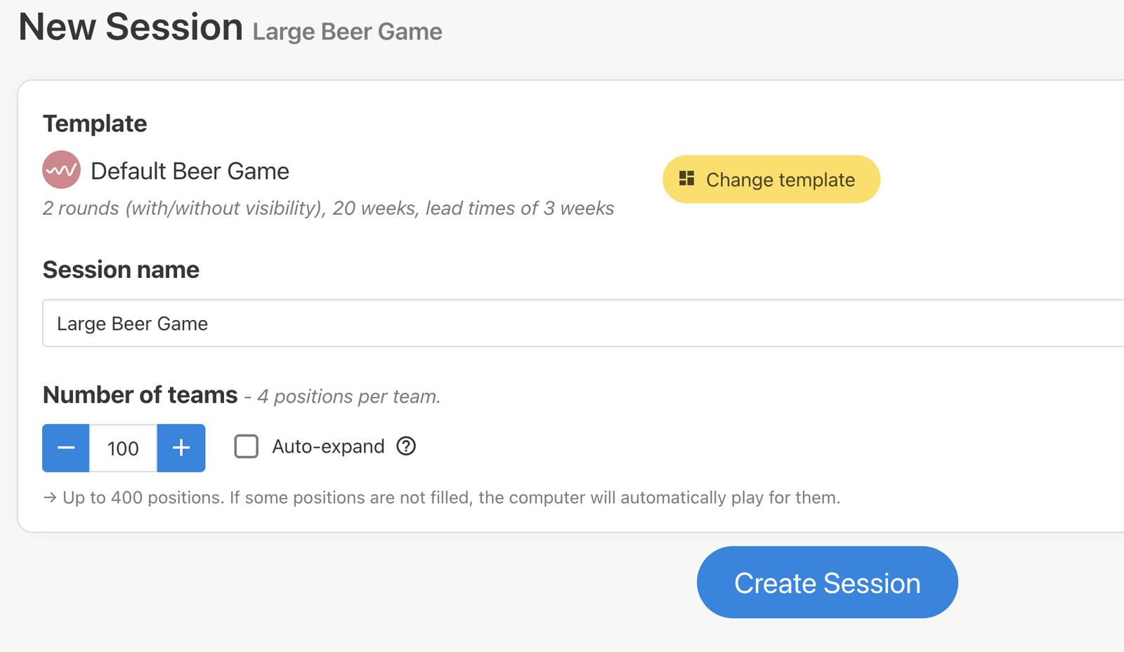Large Beer Game - Session Creation screenshot