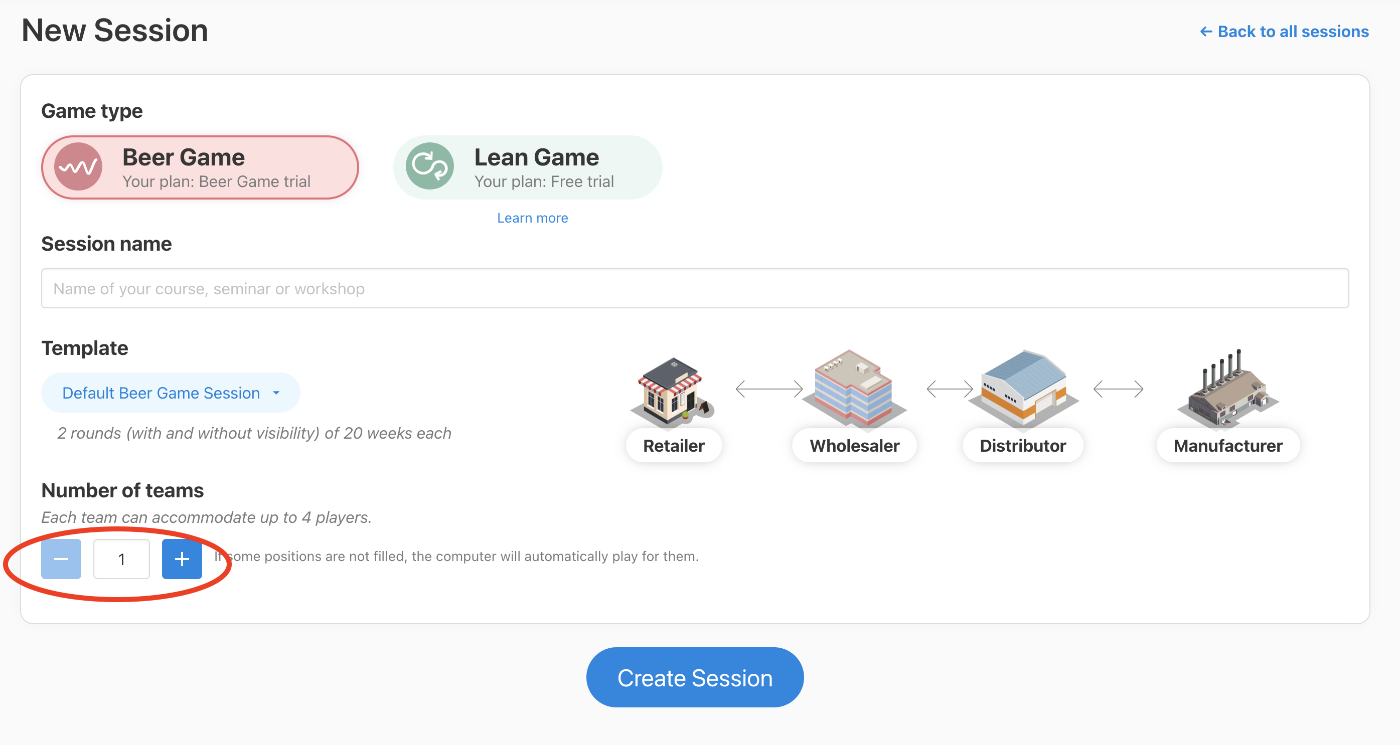 Select number of teams for your session