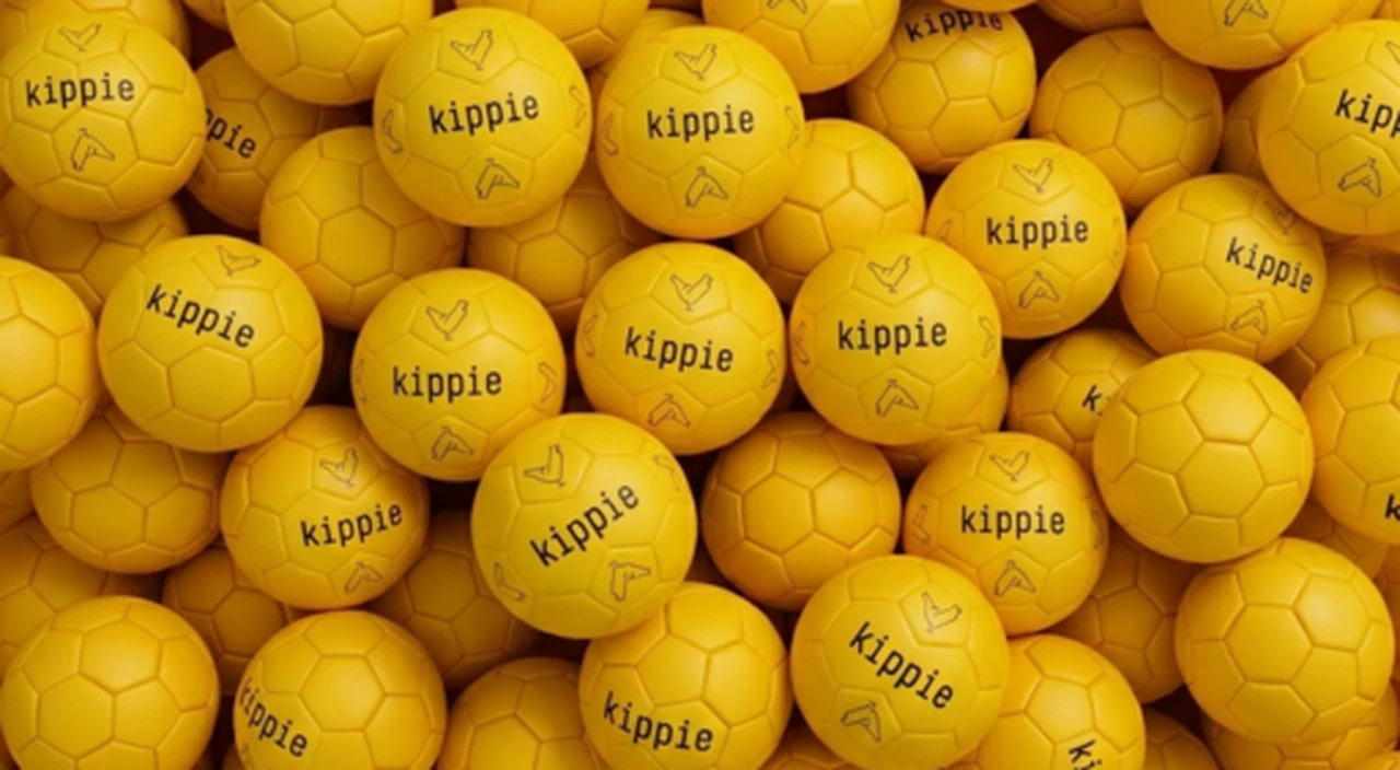 A pile of yellow soccer balls with a hexagonal pattern and the word "kippie" printed on them.