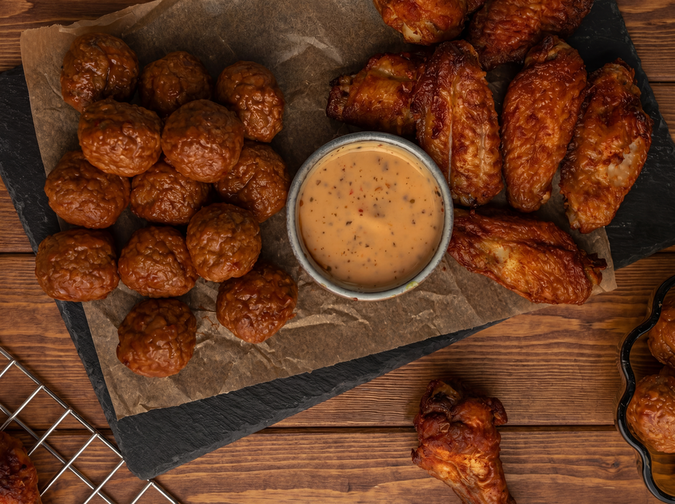 Kipballetjes en kluifjes op bordje met saus
