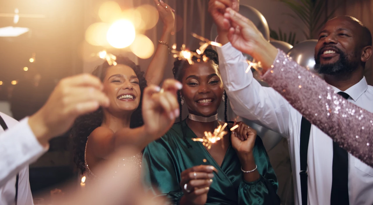 Groep vrienden op oudjaarsavond met sterretjes