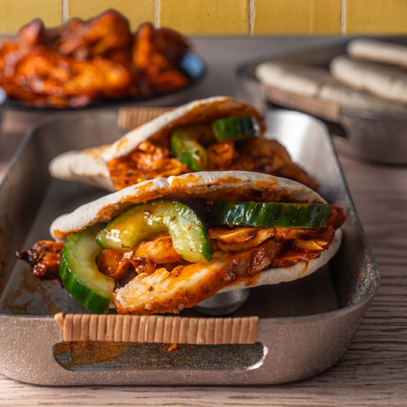 Kipdoner op een pita met komkommer