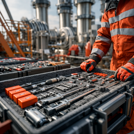 Industrial technician inspecting a maintenance tool kit used for equipment servicing at a power generation facility
