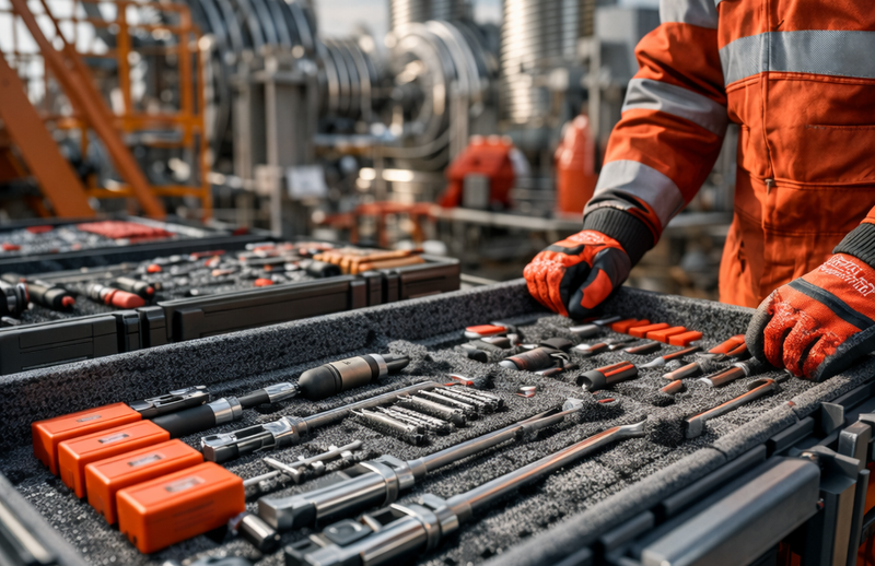 Industrial technician inspecting a maintenance tool kit used for equipment servicing at a power generation facility