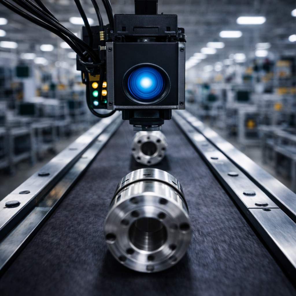 Camera-based AI inspection system monitoring parts on a production line in real time in a modern factory