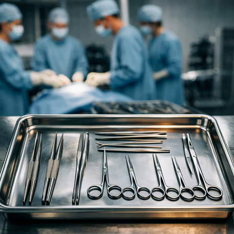 Sterile surgical instruments arranged on a tray for verification before a medical procedure in an operating room