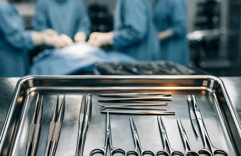 Sterile surgical instruments arranged on a tray for verification before a medical procedure in an operating room