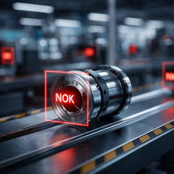 AI-powered visual inspection detecting a surface defect on a manufactured part with NOK label on a conveyor belt