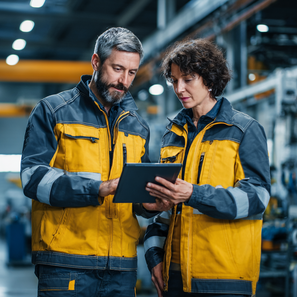Manufacturing professionals reviewing AI-generated quality inspection data on a tablet in a factory environment