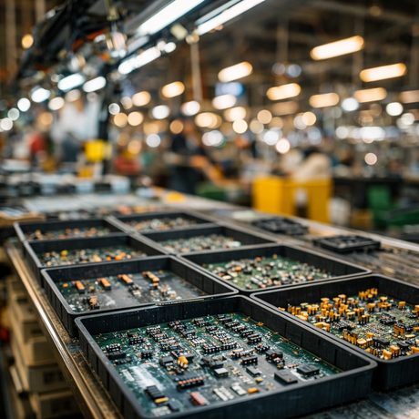 Printed circuit boards and electronic components organized in trays for electronics kit verification on a manufacturing production line