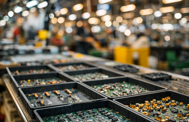 Printed circuit boards and electronic components organized in trays for electronics kit verification on a manufacturing production line