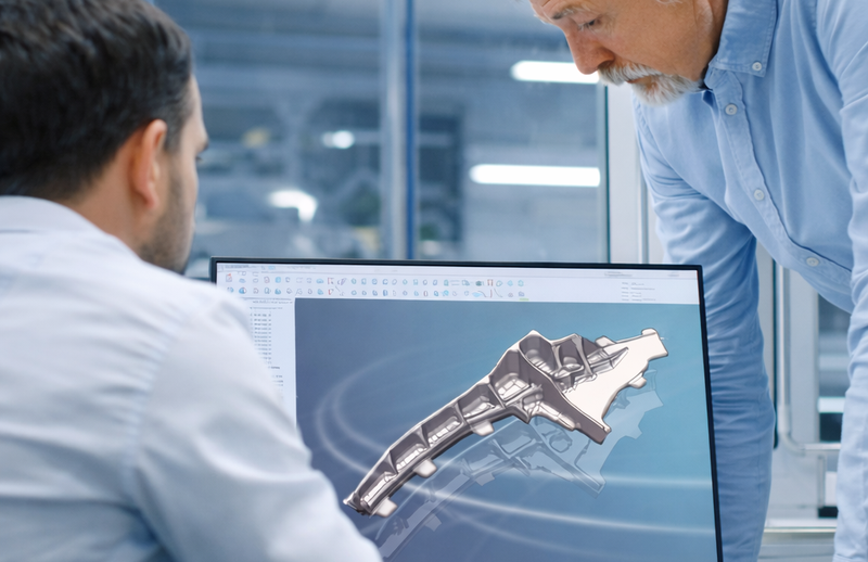Engineers reviewing a CAD model and production data on screen, illustrating data-driven quality management and cross-department collaboration in industrial manufacturing