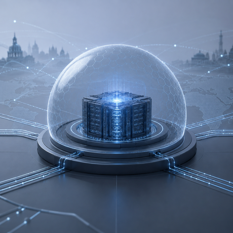 Illustration of a secure private AI infrastructure under a protective digital dome, symbolizing digital sovereignty, data security, and independence from political influence.