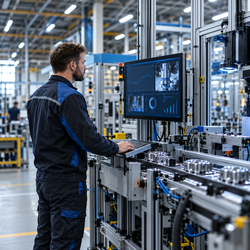 Technician reviewing process data and AI model performance on a monitoring screen in an industrial production environment.