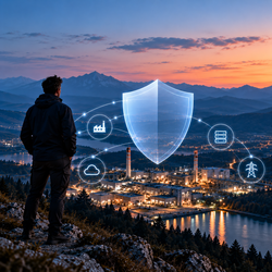 Industrial infrastructure protected by a digital security network, illustrating NISG 2026 cybersecurity readiness.