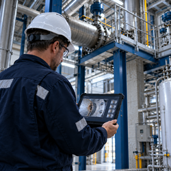 Maintenance technician examining images of industrial pipes and potential corrosion on a tablet inside a production facility.
