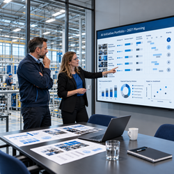 Manufacturing executives reviewing and prioritizing industrial AI initiatives for 2027 on a digital planning dashboard, with a production facility visible in the background.