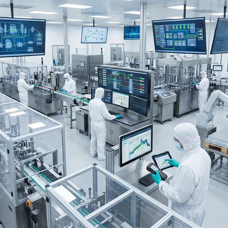 AI-supported pharmaceutical manufacturing environment with connected production systems, digital dashboards, and operators strengthening traceability, data visibility, and quality assurance in a regulated facility