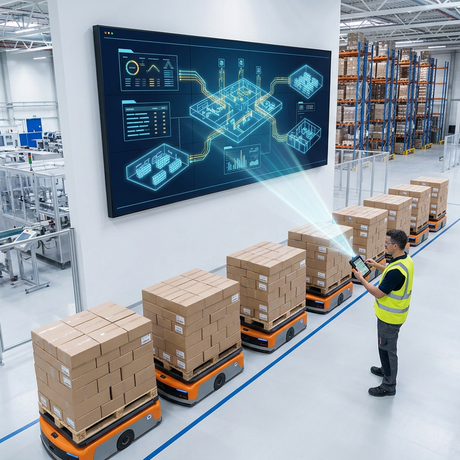 AI-supported pharmaceutical manufacturing and logistics environment with autonomous mobile robots, digital monitoring dashboard, and connected material flow control