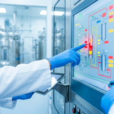AI-supported pharmaceutical manufacturing process control with operator reviewing digital production data, quality parameters, and process monitoring in a regulated facility