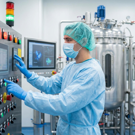 AI-supported pharmaceutical manufacturing operator supervising production equipment, process controls, and maintenance-critical systems to prevent downtime and ensure reliable operations