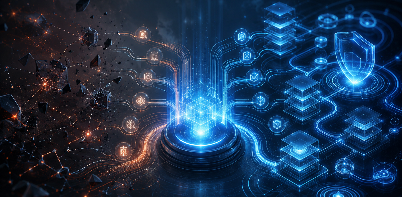 Symbolic image for NISG 2026: a central digital platform transforms chaotic data flows into transparent, connected and secure IT structures for monitoring, governance and operational resilience.