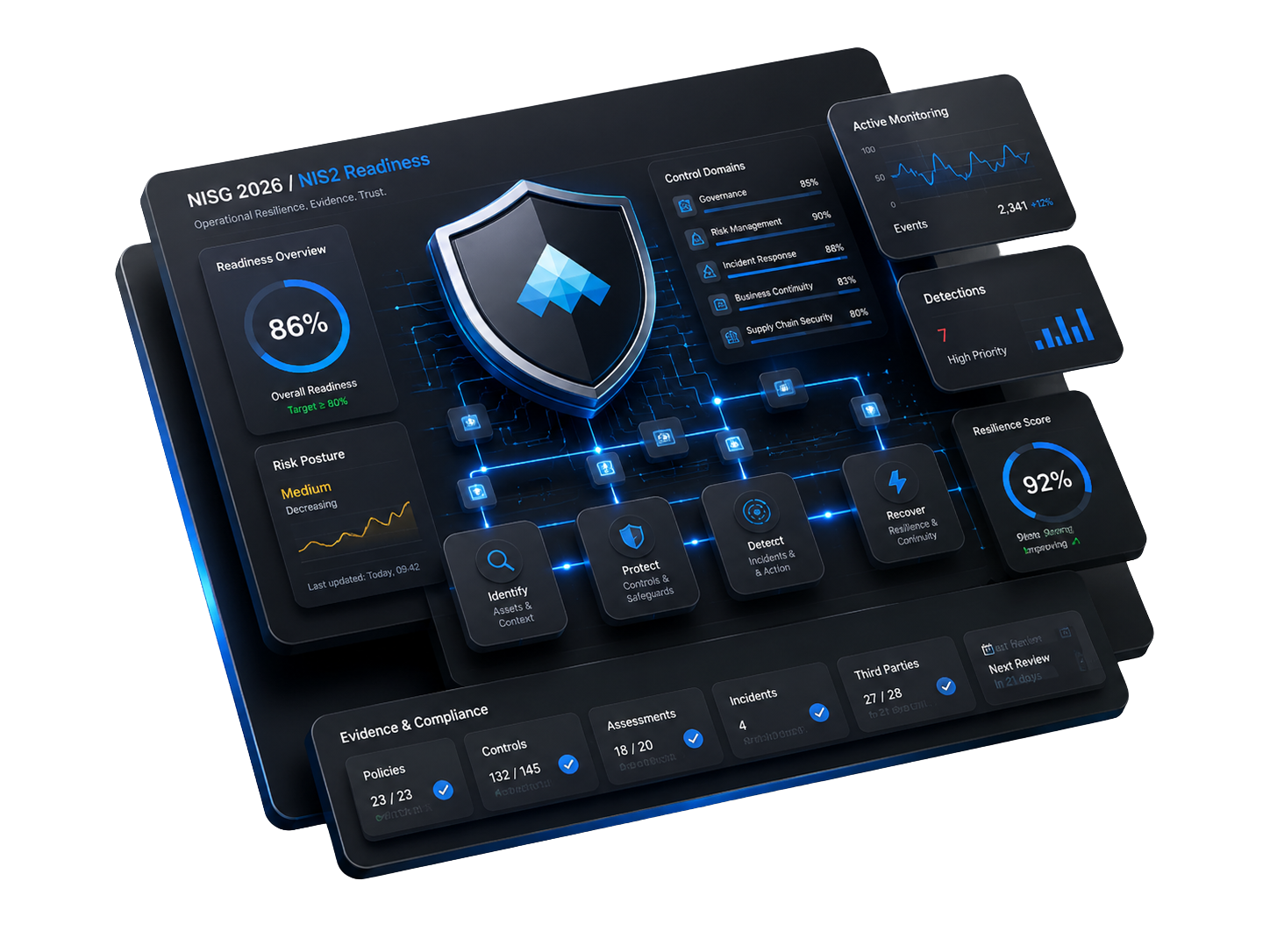 NISG 2026 readiness dashboard with cybersecurity monitoring, risk analysis and compliance evidence for industries.