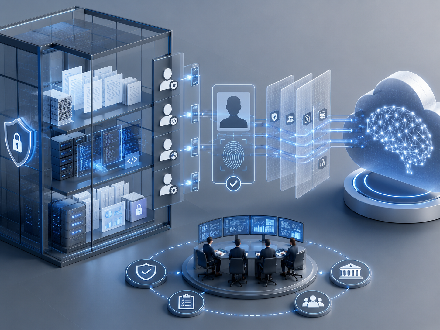Illustration of enterprise AI governance with protected internal data, identity verification, access controls, and secure data flows to external AI systems.