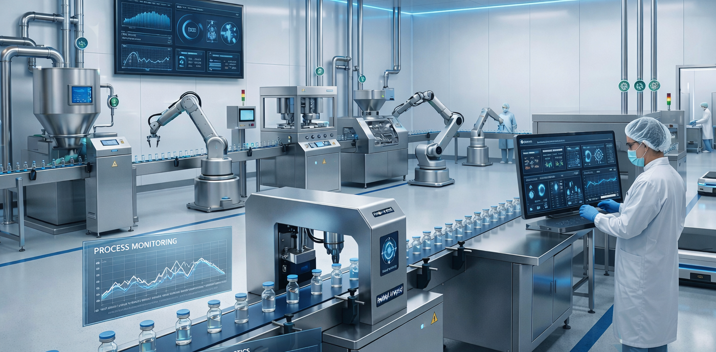 A high-tech pharmaceutical manufacturing facility utilizing AI-driven automation. The image shows a sterile production line with robotic arms, automated guided vehicles (AGVs), and liquid-filled vials on a conveyor system. A technician in a lab coat and mask monitors real-time data on a digital screen, illustrating the digital transformation and quality control in modern pharma manufacturing.