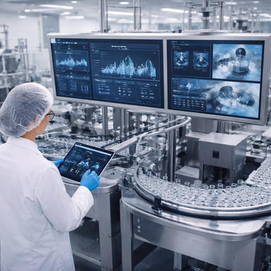 AI-supported pharmaceutical manufacturing environment with operators overseeing a modern production line